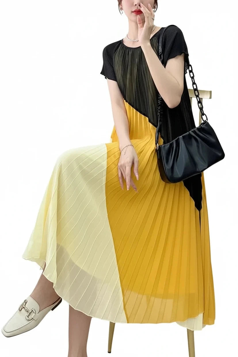 🍒Mid length dresses for women casual outfit short sleeve smart three-residence series round neck clothes fashion pleated loose waist summer wear Angle To A Diagonal