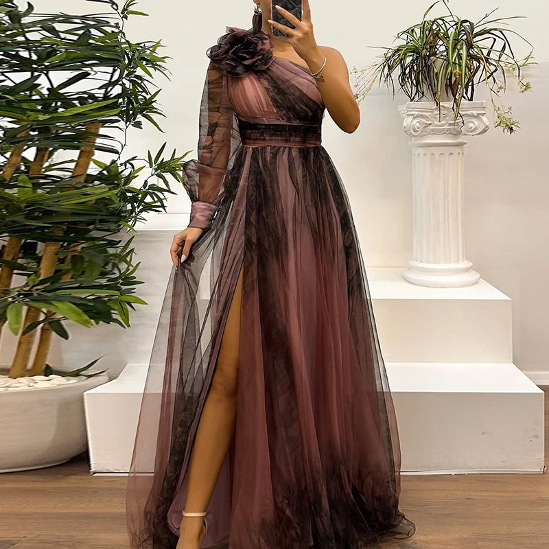 🍒High waist maxi dress Asymmetric evening dress one shoulder sleeve pleats bridesmaid outfit occasion wear party outfit Look Rosy In A Chiffon