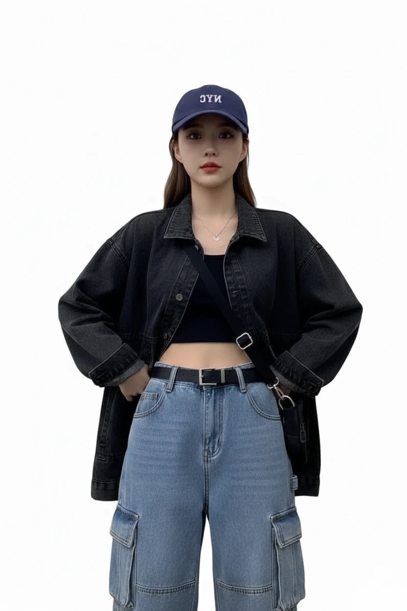 🍒Womens denim Jacket long sleeve Jeans jacket with big pockets  Bf unisex buttoned outerwear casual clothing Do Your Day Denim