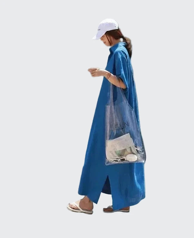 🍒Plus size women's midi (depending on height) short sleeve outfit holiday dress loose long straight outfit with collar casual summer wear straight cut maxi dress Big Basics Up