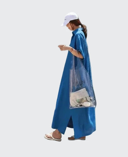 🍒Plus size women's midi (depending on height) short sleeve outfit holiday dress loose long straight outfit with collar casual summer wear straight cut maxi dress Big Basics Up