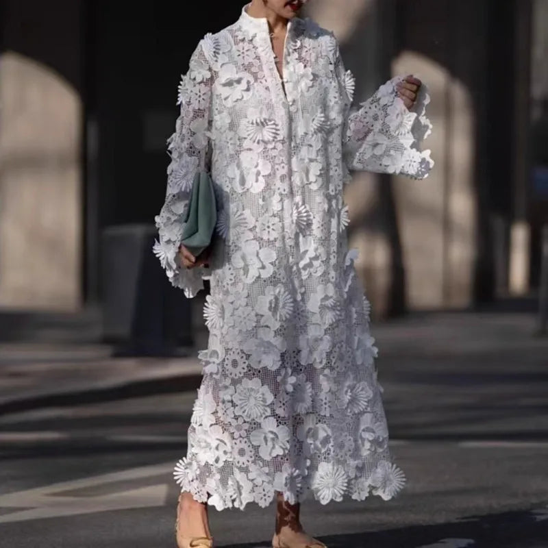 🍒Women's lace dress 3d flowers long sleeve maxi womens occasion wear wedding guest outfit autumn party wear Fem Fleur Fresh Fashion