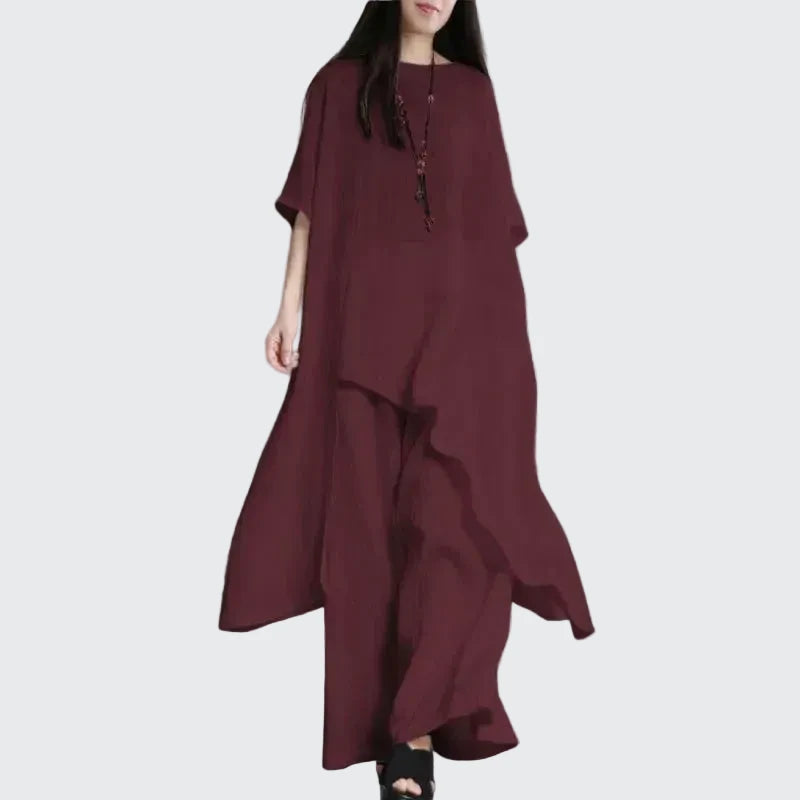 🍒Two-piece set for women shirts and pants outfit holiday cotton linen style wide leg trousers and asymetric top short sleeve blouse suit summer clothing  Layback Loose Linen-y Lovely