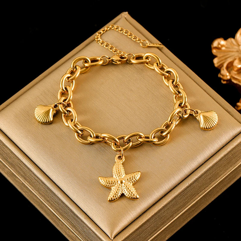 🍒Stainless steel star bracelet gold colour star charm moon starfish bracelet trendy wrist chain for women Jewellrey gifts  party accessories FISH Out This STAR