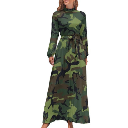🍒Militêre kamoefleerrok hoë middellyf uitrusting boheemse sjiek langmou maxi stylvolle slim gemaklike klere vroue Camodel Camo