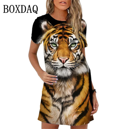 🍒Mode minirok tierdruk kortmou someruitrustings gemaklike oorgroot A-lyn mini-uitrusting gemaklike dames diereklere Tick A Tigger