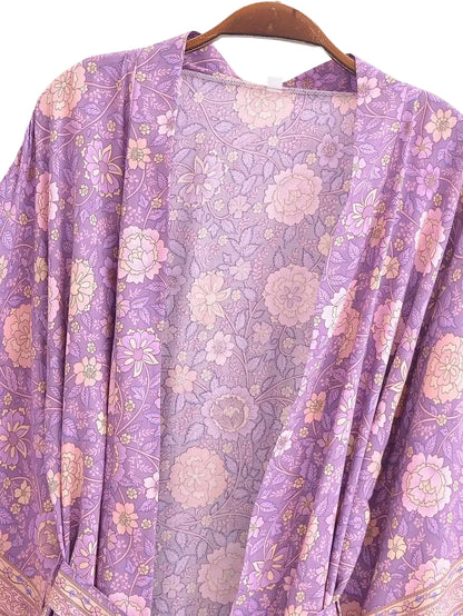 🍒Beach coverups wild floral print short light kimono jacket batwing duster bohemian ladies v-neck rayon short bikini swimwear cover over vacation wear holiday clothing casual wear  Colourful Comfort