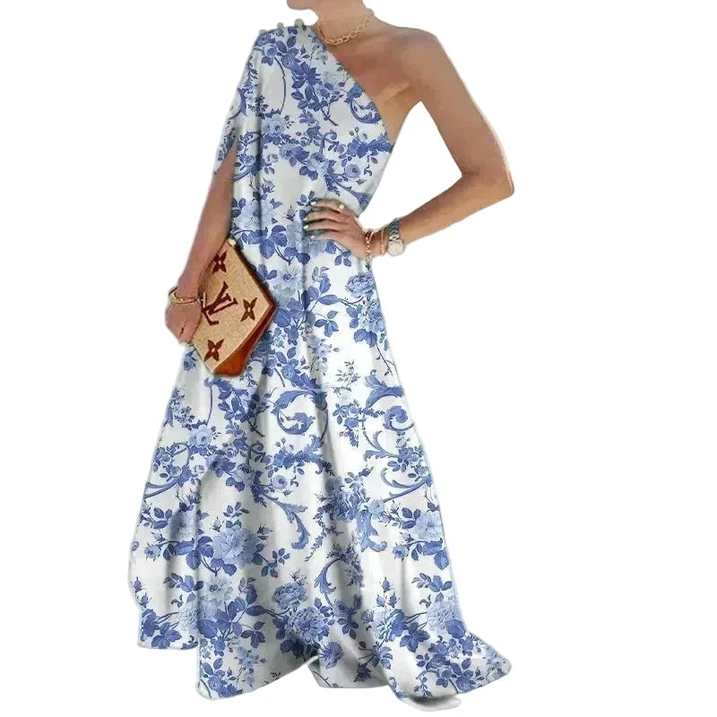 🍒One shoulder outfit plus size holiday dress floor length solid pleated loose fitting occasion wear holiday wear beach fashion women vacation party wear with scarf and side attach detail summer clothing Unleash Some Greech