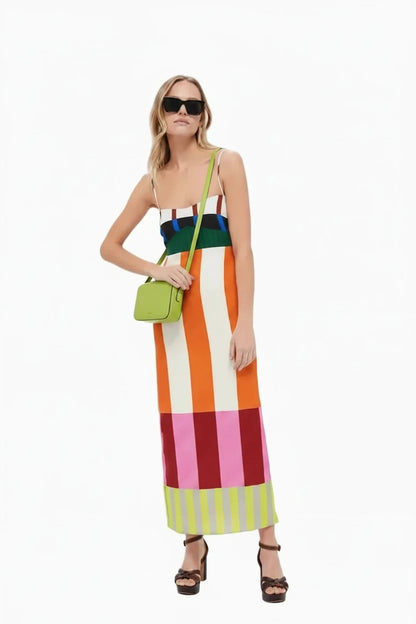 🍒 Kleurvolle Hoë middel maxi gestreepte rok mode slim gemaklike elegante party geleentheiddrag lang uitrusting vroue spaghetti-band boheemse somermode Hierdie vier strepe sal koppe laat draai