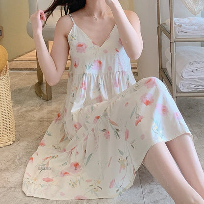 🍒Moue nagrok vir Vroue, asemende viskosekatoen-camisole-nagrok, bloemryke nagrok, huisdrag, somerdrag, vakansiedrag, nagdrag, Vars Blommepatrone