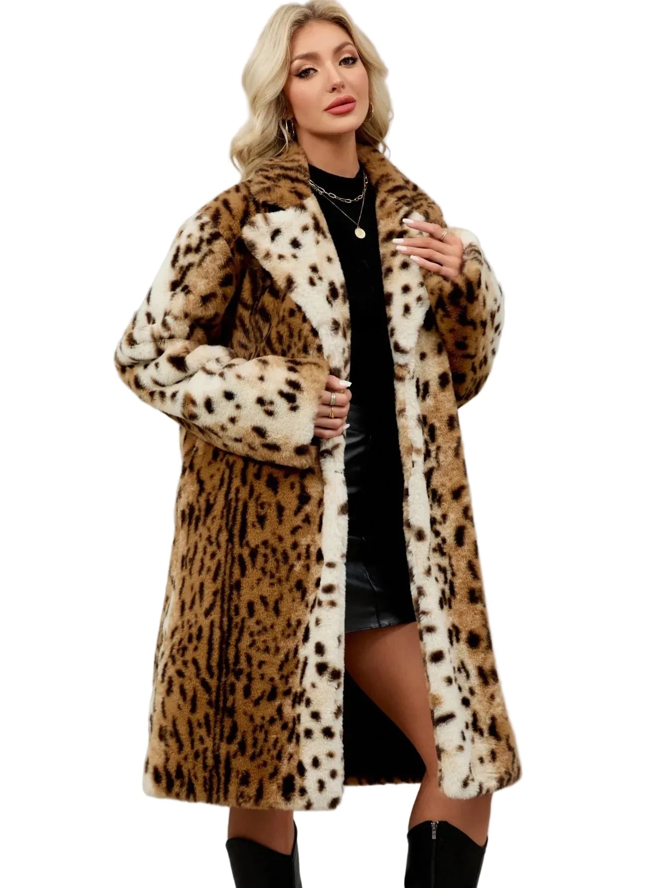 🍒Faux fur coat leopard long Jacket with lapel animal print outerwear fashion long sleeve overcoat women single breasted straight fit smart casual autumn winter wear Animate Your Style