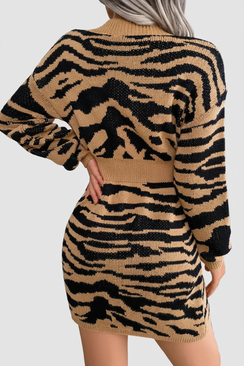 🍒Casual knit dress print design v- neck mini outfits long sleeve bodycon knitwear spring summery casual wear for women LILLY up your wardrobe with a TIGER