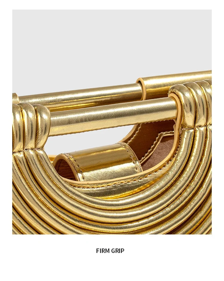 🍒Handwoven style Women's gold crossbody bag clutch handle occasion handbags smart casual strands pu material soft Texture triangle shape shoulder bag Strands Of Style