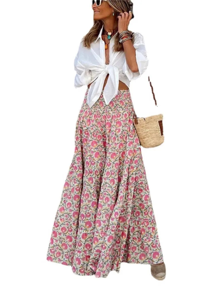 🍒Gedrukte somerrok boho somermodes gemaklike drag klere strandpartytjie klere los a-lyn reisrok elegante Boheemse styl drag Pou In Mooi Pienkes