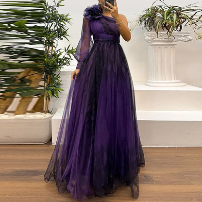🍒High waist maxi dress Asymmetric evening dress one shoulder sleeve pleats bridesmaid outfit occasion wear party outfit Look Rosy In A Chiffon