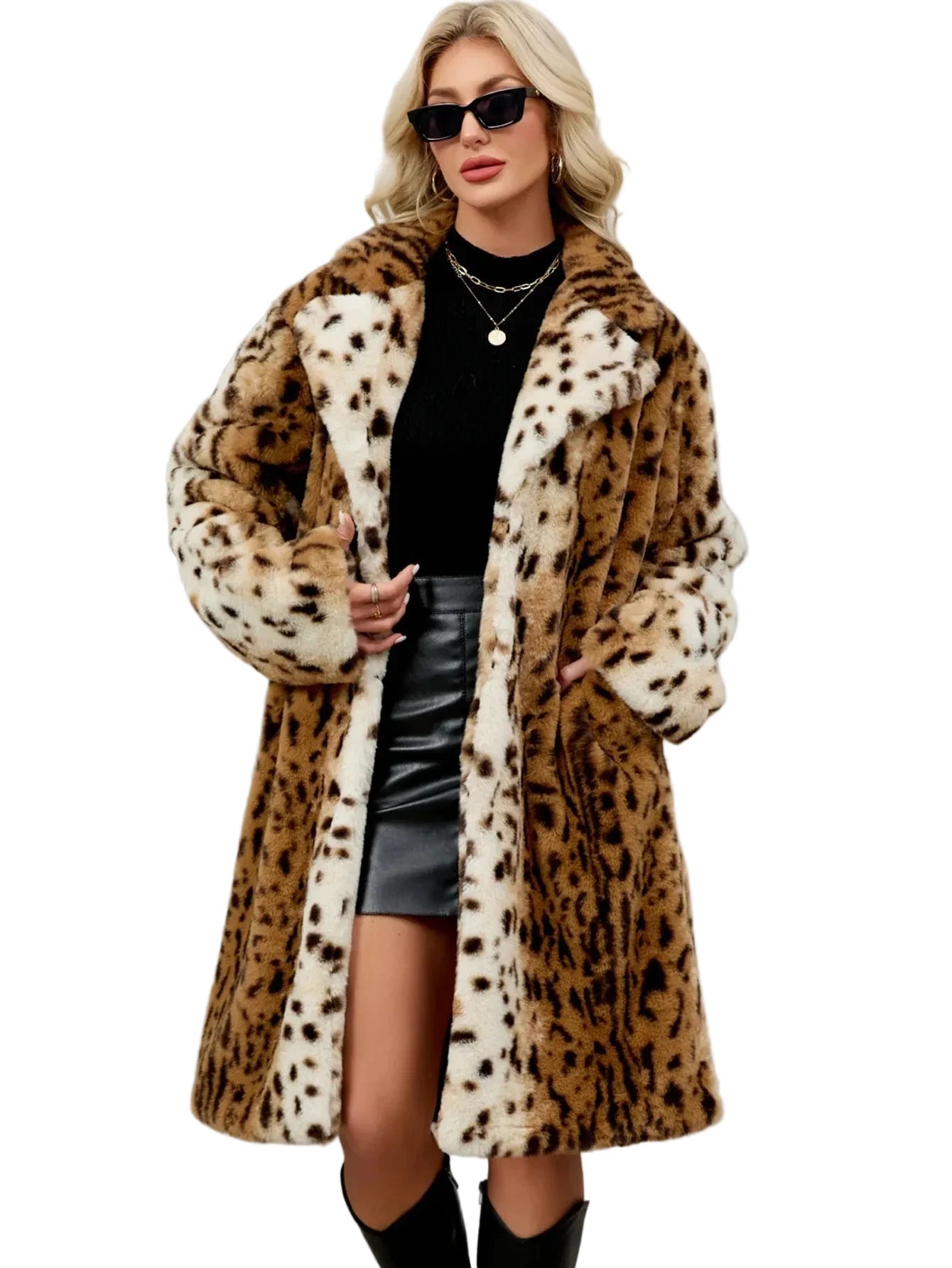 🍒Faux fur coat leopard long Jacket with lapel animal print outerwear fashion long sleeve overcoat women single breasted straight fit smart casual autumn winter wear Animate Your Style