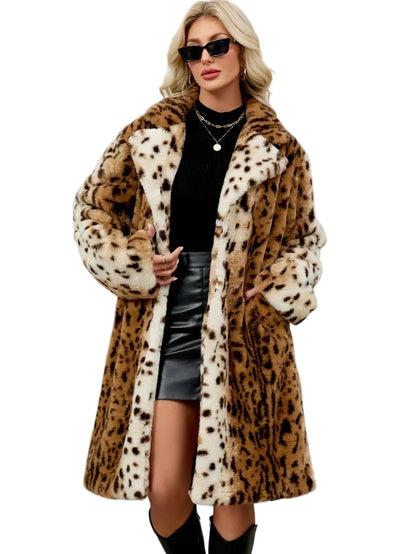 🍒Faux fur coat leopard long Jacket with lapel animal print outerwear fashion long sleeve overcoat women single breasted straight fit smart casual autumn winter wear Animate Your Style