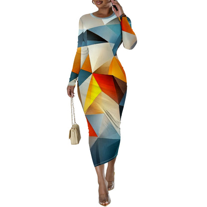 🍒Plus size geometric midi dress full sleeve bodycon women's party vacation outfit bright color clothes date night workwear Drink Wine In A Cut Glass