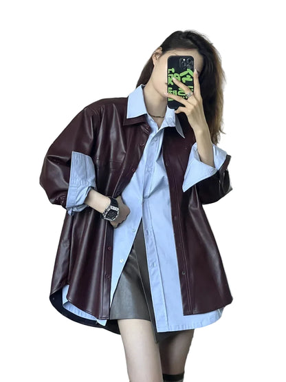 🍒Shirt style jackets faux leather womens oversized outerwear solid single breasted spring/autumn stylish vintage turn-down collar windbreak casual coats chic female clothing     Luvly Lazy-Like Leather Look