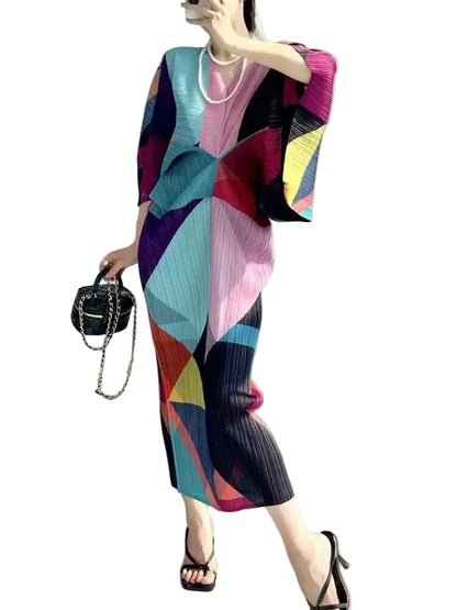 🍒Pleated batwing sleeves dress for women's high end fashion and relaxed printed v-neck holiday wear party occasion plisse clothing multi colour outfit Bag A Batwing