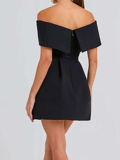🍒Mixed media fashion short sleeve mini dress off the shoulder sleeves spring summer fashion solid party wear occasion wear Show A' Shapely Shoulder