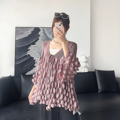 🍒泡泡袖褶皱上衣带褶皱系带上衣 V 领设计纯色宽松 T 恤时尚休闲服装 提升您的时尚品味