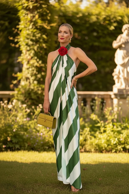 🍒Halter gestreepte rok vir vakansie sjiek geplooide ruglose uitrustings moulose somerdrag partytjie-geleentheidsklere Eet Jou Groente In Jou Aandrok Groen