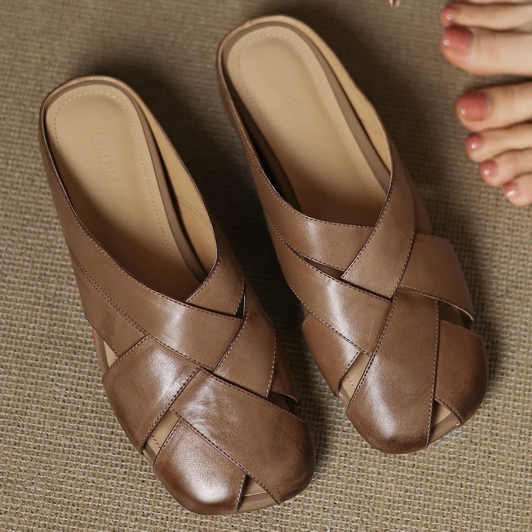 🍒Real leather summer sandals slip on flats for women band braided slides summer footwear round toe soft high quality mules