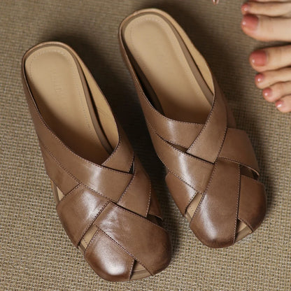 🍒Real leather summer sandals slip on flats for women band braided slides summer footwear round toe soft high quality mules