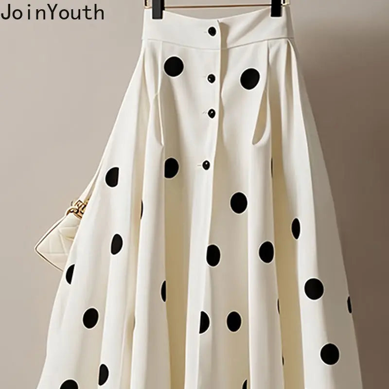 🍒White polka dot skirt midi womens high waist a-line skirt vintage outfit big swing sweet girl  fashion summer clothing smart casual wear Get In The Spotlight With Dots