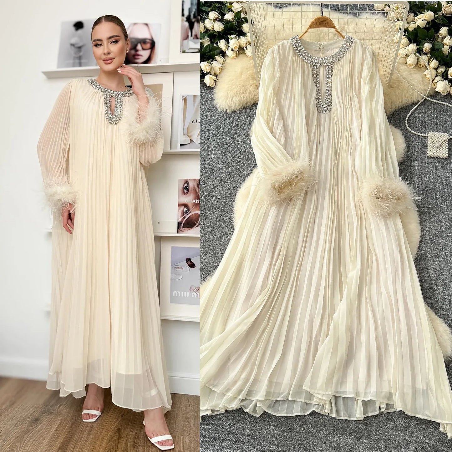🍒Pleated long dress for women white maxi outfit wedding guest wear diamond and feather detail long sleeve elegant party occasion wear long sleeve club wear Look Diamond In Pleats