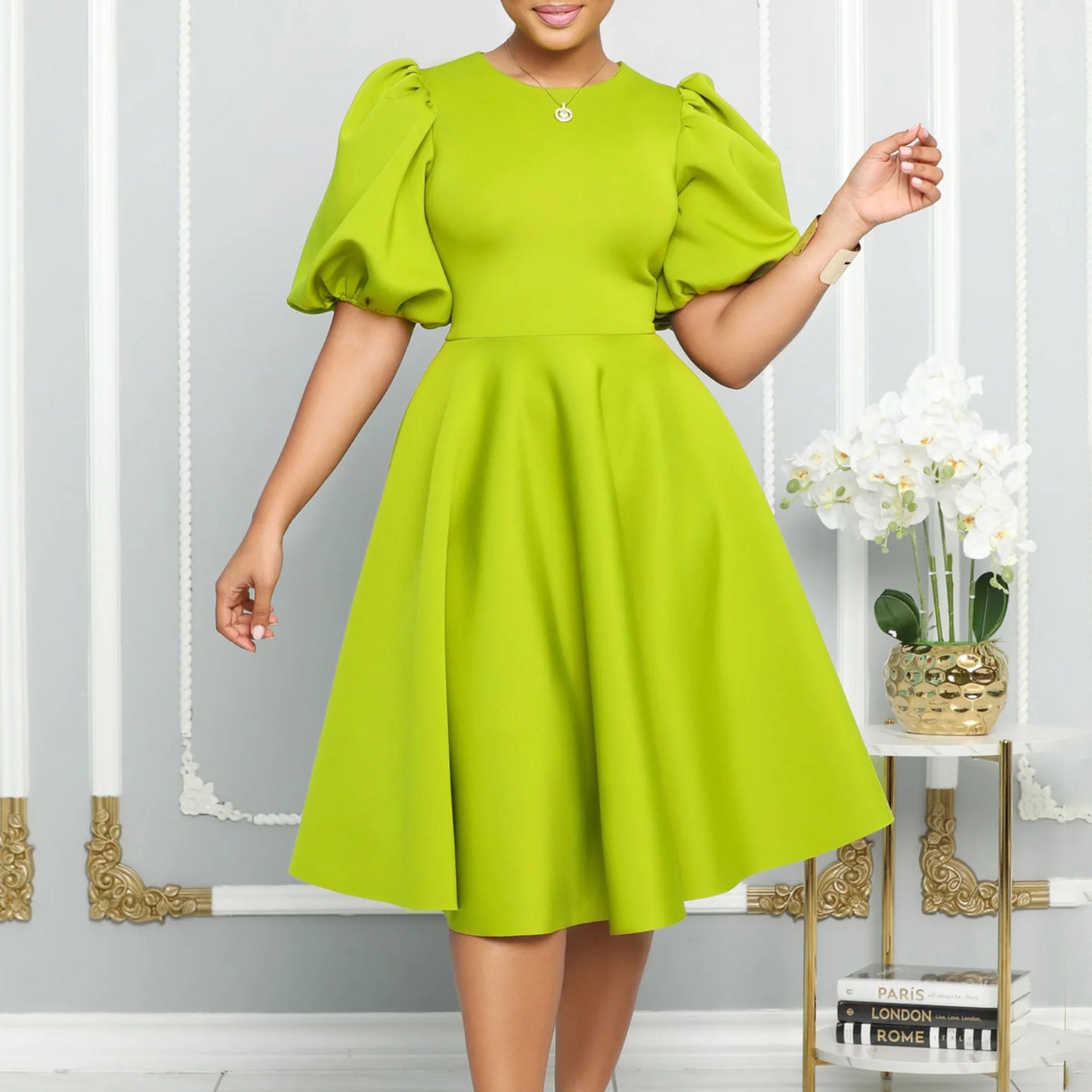 🍒Elegante rokke vir dames met O-nek, kortmoue, uitrusting vir verjaarsdagpartytjie, hoë middellyf, geplooide pofmoue, vrouemodemode, geleentheidsdrag, aandpartytjiedrag, middelkalf, luukse B'day Bopper Beauty Babe