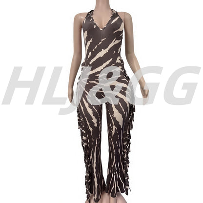 🍒 Bodycon Jumpsuit met kwassies vir vroue, halter-uitrusting, ruglose skraal lang rompers vir vroue, vroue se klubdrag, partytjiedrag, mode. Bederf Jouself Met 'n Sjokoladewervel