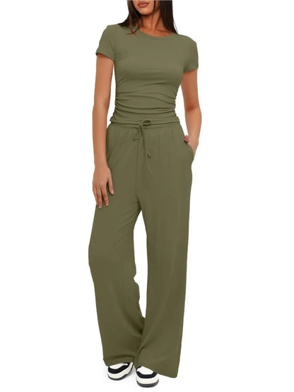 🍒Womens two-piece outfit set fashion pleated short sleeved top casual wear clothing  and matching comfort long high waisted wide leg pants sportswear Sport your style in Slimline