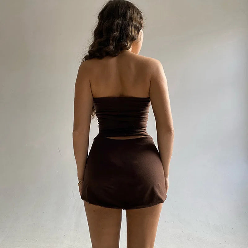 🍒女式迷你半身裙和上衣套装时尚高腰短裙加抹胸上衣百搭女夏装休闲装 Y2K 风俏皮夏日套装