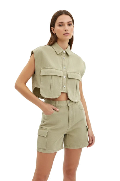 🍒Women's summer cropped shirt sleeveless blouse top ladies elegant with large pockets vintage style chic casual solid summer clothing high end cardigan denim top Pocket This Crop
