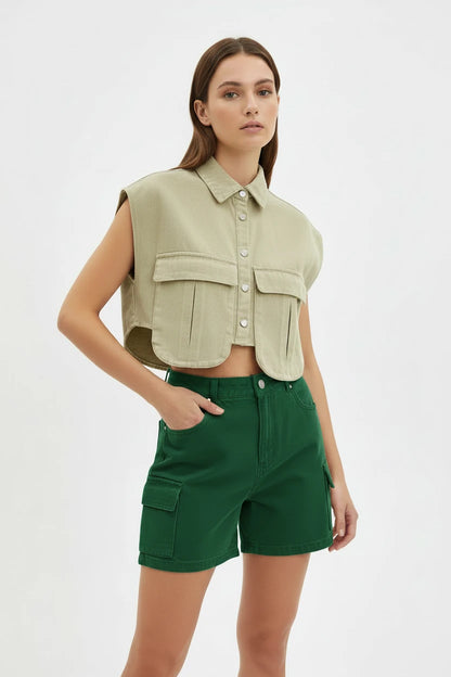 🍒Women's summer cropped shirt sleeveless blouse top ladies elegant with large pockets vintage style chic casual solid summer clothing high end cardigan denim top Pocket This Crop