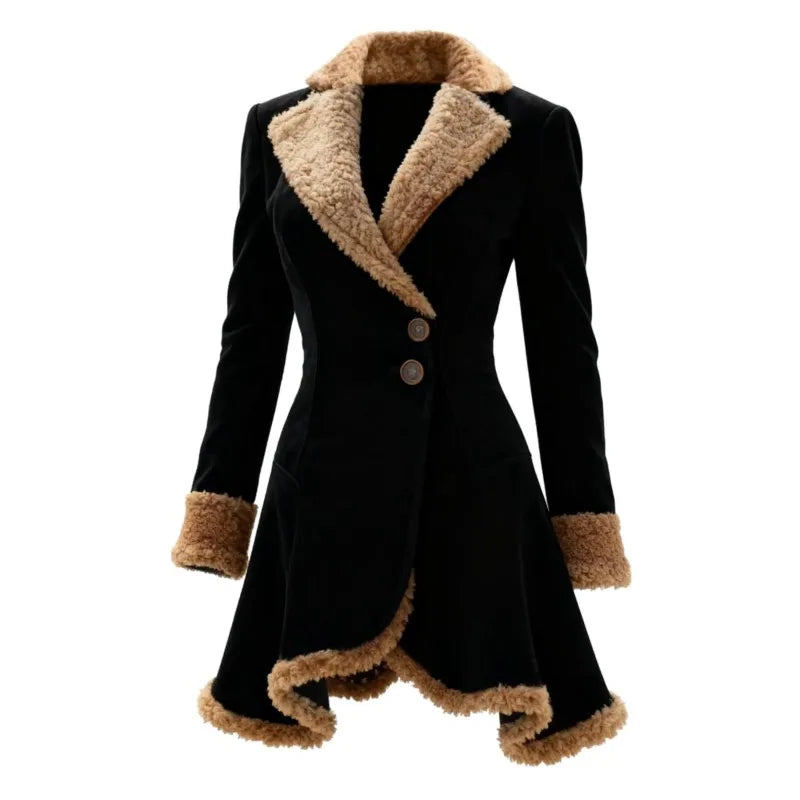 🍒Faux sheep skin jacket fitted waist loose fashion lapel coat female faux fur long coat versitile long sleeve outerwear Slim Sheep Skin