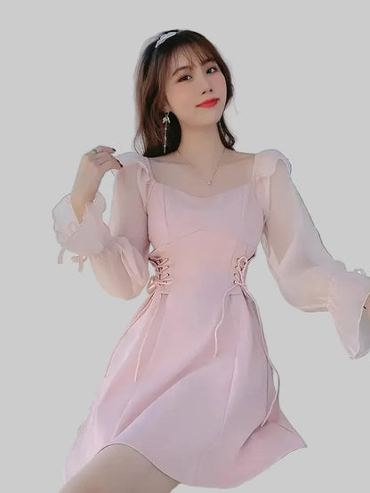 🍒Pienk rokke vroue lente somer lieflingneklynuitrusting a-lyn mini rok met pofmoue kantopryg trekkoordkante middel vroulike mode A- Pragtige Pienk