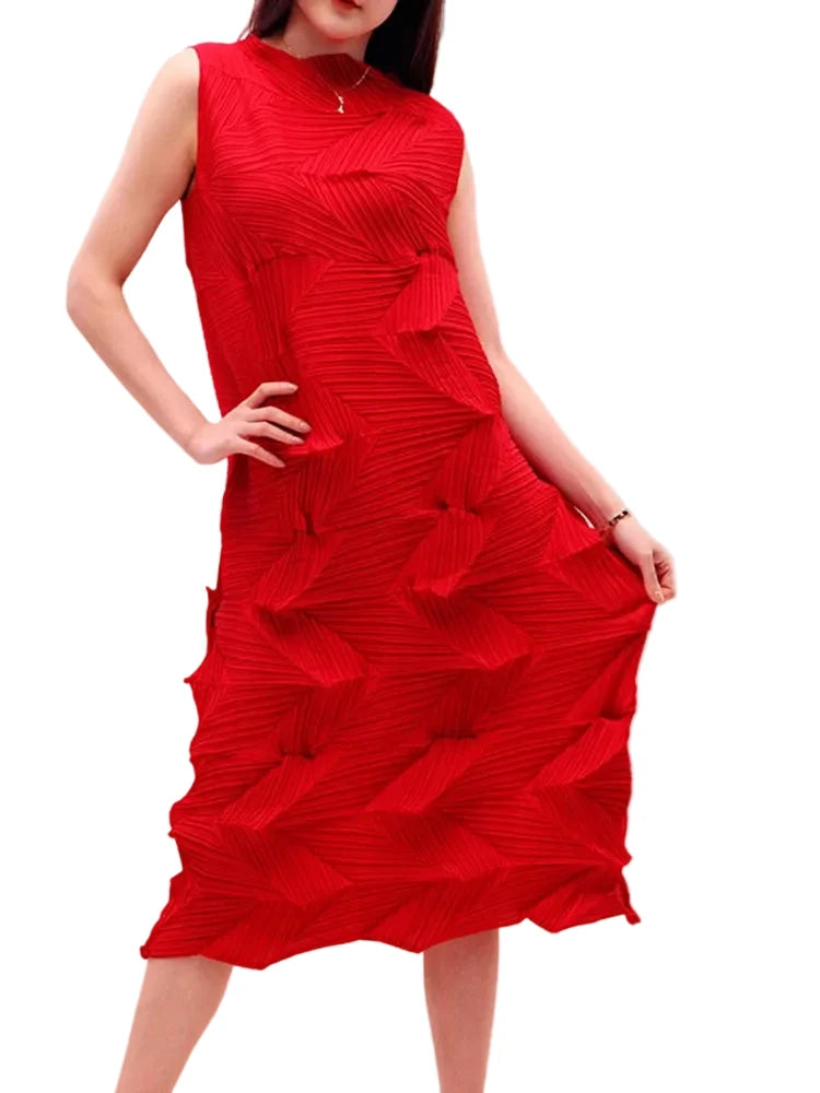 🍒Sleeveless pleated dress for women turtleneck outfit single colour solid fashion smart casual women party wear occasion clothing style 3D fold designer dresses Fashion A Fold