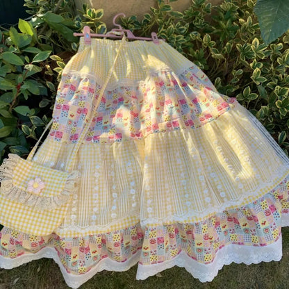 🍒Patch work gypsy skirt sweet girl fashion floral print tiered skirt lace outfit womens elastic waist skirts a-line fashion feminine summer clothes holiday wear Sun In Your Sunny