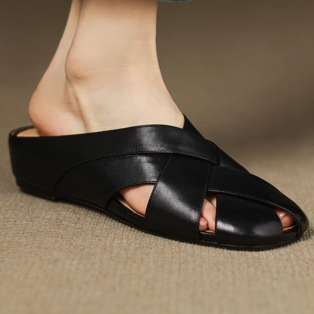 🍒Real leather summer sandals slip on flats for women band braided slides summer footwear round toe soft high quality mules