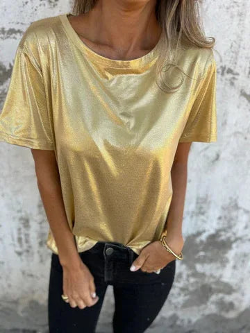 🍒Metaalagtige los top blink kortmou T-hemp dames spesiale geleentheid tops goud T-hemp o-nek mode slim gemaklike damesklere Top 'Talic Tee