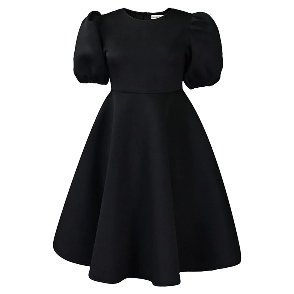 🍒Elegante rokke vir dames met O-nek, kortmoue, uitrusting vir verjaarsdagpartytjie, hoë middellyf, geplooide pofmoue, vrouemodemode, geleentheidsdrag, aandpartytjiedrag, middelkalf, luukse B'day Bopper Beauty Babe