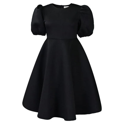 🍒Elegante rokke vir dames met O-nek, kortmoue, uitrusting vir verjaarsdagpartytjie, hoë middellyf, geplooide pofmoue, vrouemodemode, geleentheidsdrag, aandpartytjiedrag, middelkalf, luukse B'day Bopper Beauty Babe