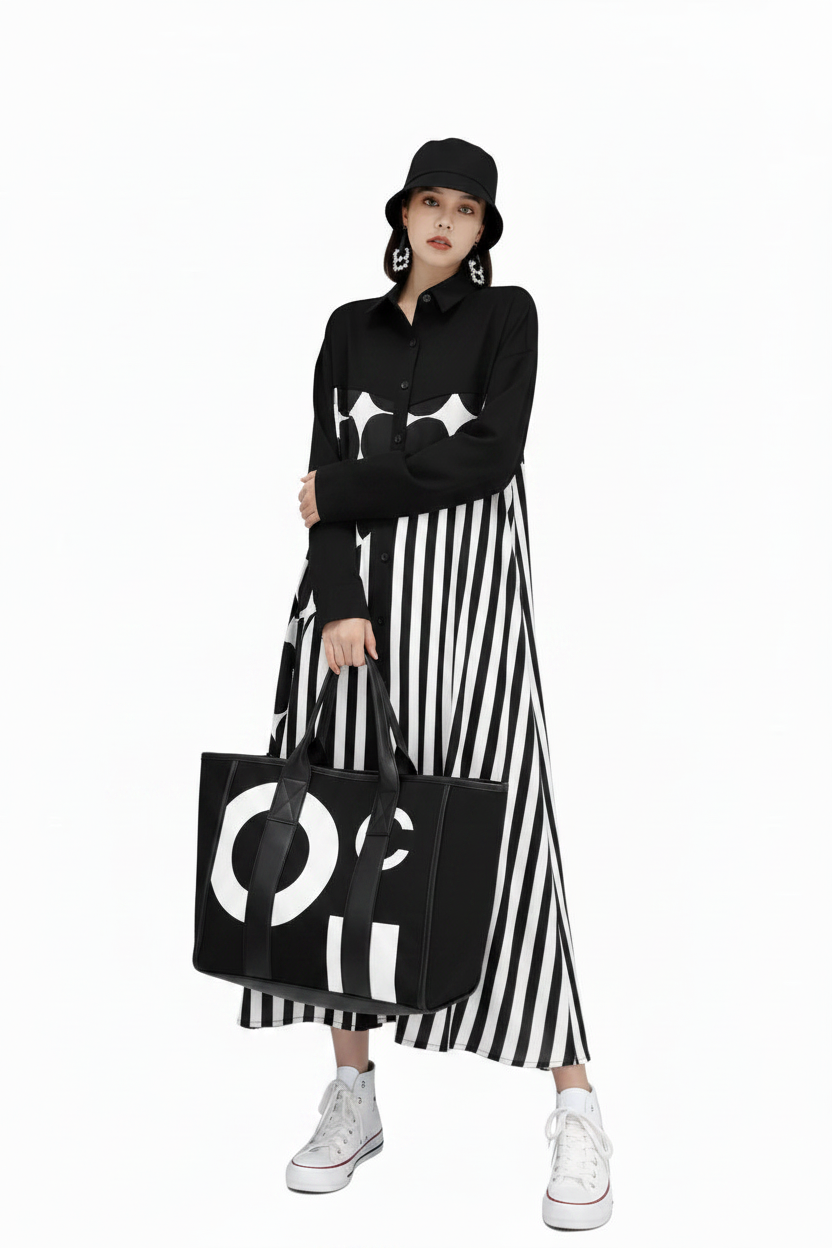 🍒Long sleeve loose fit shirt dress plus size woman black outfit with Dots striped fashion printed large smart casual dresses Spot The Stripes