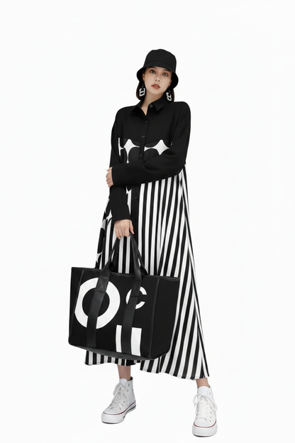 🍒Long sleeve loose fit shirt dress plus size woman black outfit with Dots striped fashion printed large smart casual dresses Spot The Stripes