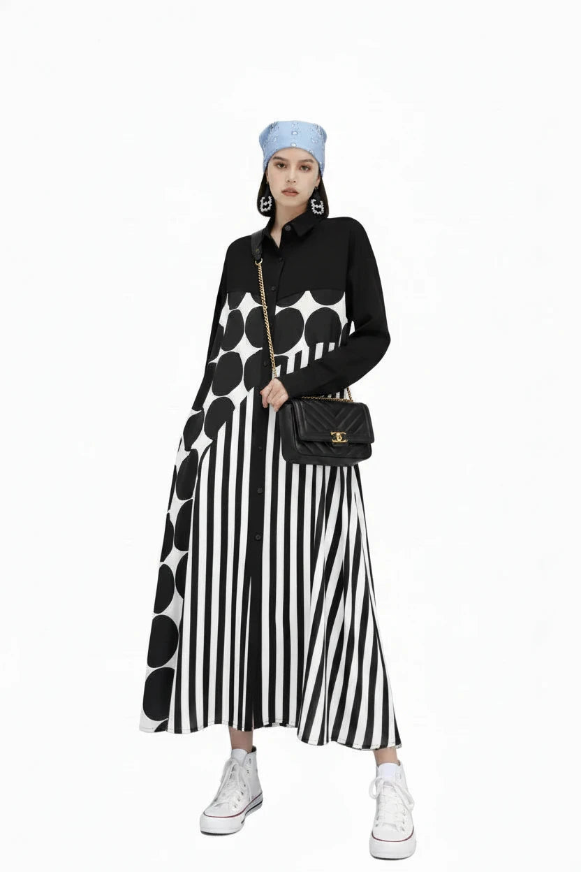 🍒Long sleeve loose fit shirt dress plus size woman black outfit with Dots striped fashion printed large smart casual dresses Spot The Stripes