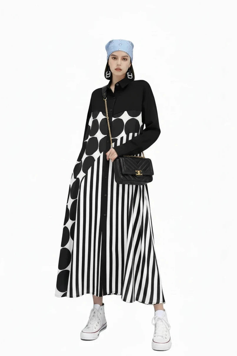 🍒Long sleeve loose fit shirt dress plus size woman black outfit with Dots striped fashion printed large smart casual dresses Spot The Stripes