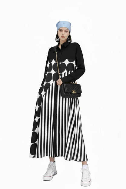 🍒Long sleeve loose fit shirt dress plus size woman black outfit with Dots striped fashion printed large smart casual dresses Spot The Stripes